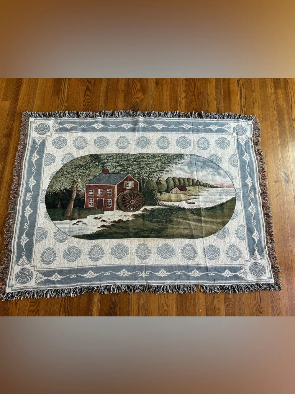 Vintage Woven Tapestry Throw Blanket Watermill Countryside Farmhouse 68x48